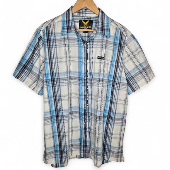 Avirex Button Up Shirt Men's Blue Plaid Military Inspired Pocket Spell Out L - Picture 2 of 6